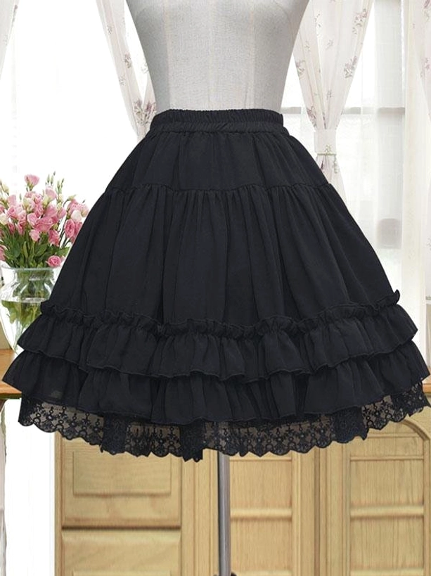 Black Lolita petticoat underskirt front flat view multi-tiered ruffled layers elegant gothic style display mannequin