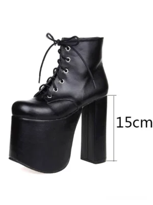 Single black platform lace-up ankle boot 15cm block heel side oblique view - Gothic Lolita style shoes