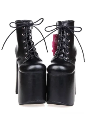 Black lace-up platform ankle boots with chunky heel and round toe front flat view - authentic Lolita fashion footwear