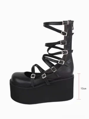 Side profile of black lolita platform gladiator boot sandal with back zipper closure and thick 10cm platform sole measurement