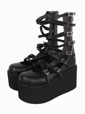 Black lolita platform gladiator sandals front three-quarter view showing crisscross PU leather straps with silver buckles and round closed toe design
