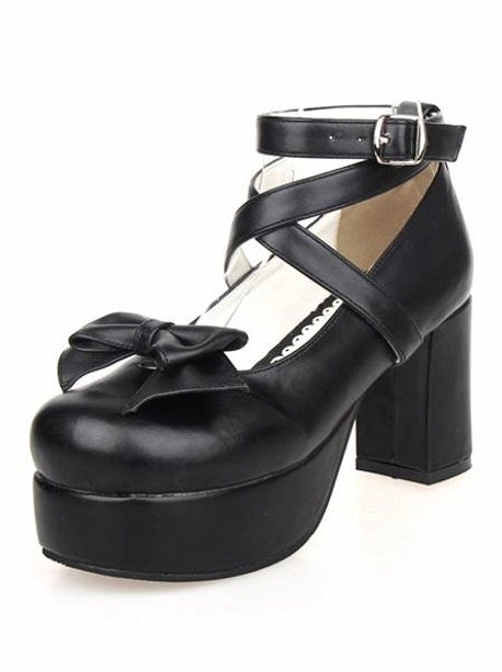 Single black lolita platform heel shoe three-quarter right side view, displaying cross ankle strap buckle, front bow, and chunky block heel