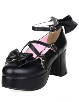 Single matte black Lolita platform heel shoe with bow accent detail, side profile view displaying block heel height and pink shoe interior lining