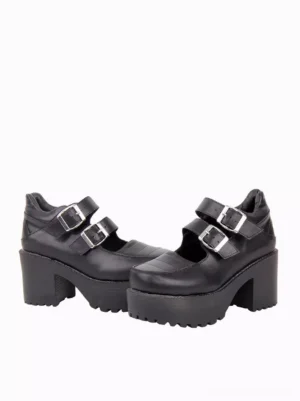 Black lolita chunky platform heels with adjustable buckle straps front view studio shot white background
