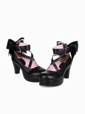 Black lolita platform heels side pair view showing buckled ankle straps and block platform heel construction