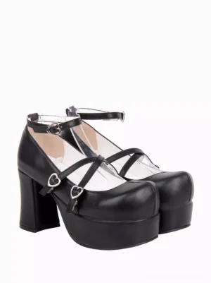 Side front view of black lolita platform high heels featuring double ankle straps matte PU leather thick block heel and decorative heart buckles