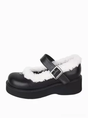 Single black Mary Jane Lolita platform pump side three-quarter angle displaying round toe thick platform sole and white fuzzy trim