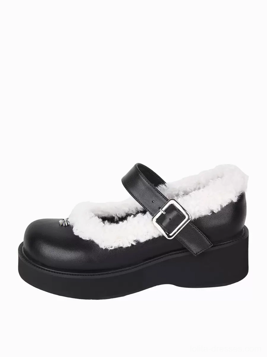 Single black Mary Jane Lolita platform pump side three-quarter angle displaying round toe thick platform sole and white fuzzy trim