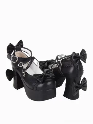 Black lolita mary jane pumps side and rear view displaying chunky block heel platform and decorative bows on heel vamp