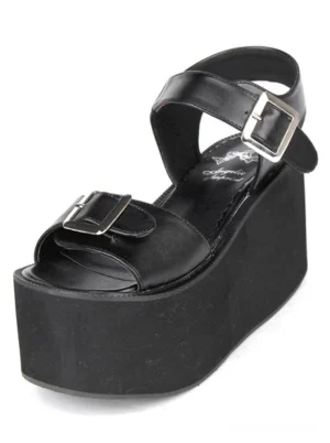 Single black Lolita sandal three-quarter front angle highlighting thick wedge sole and branded cushioned insole
