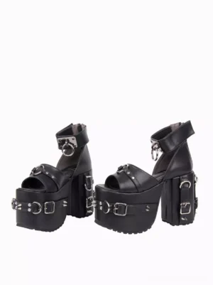 Black punk Lolita platform sandals front flat lay display waterproof thick platform ankle strap studs decorations fashion footwear
