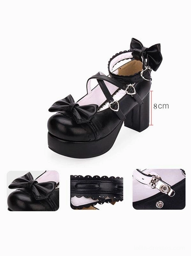 Black lolita chunky platform shoes 8cm block heel hardware buckles bow decorations side view and detailed close-up shots