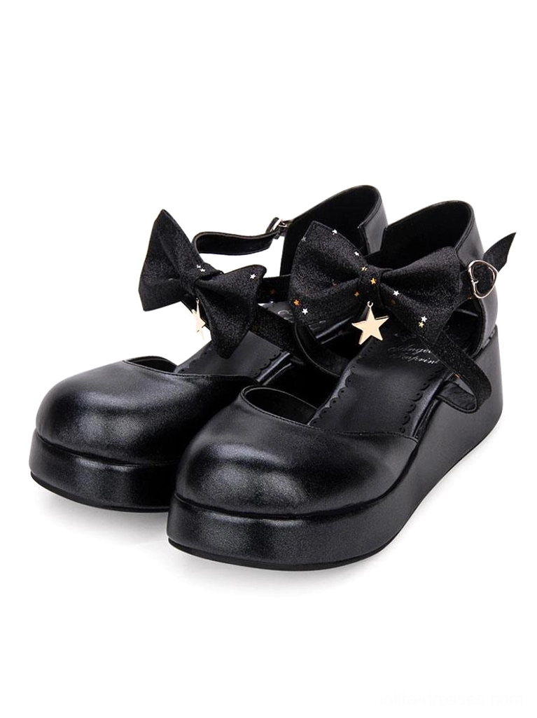 Black PU Lolita platform flatform shoes matte finish heart-shaped buckle star bow decoration three-quarter side pair