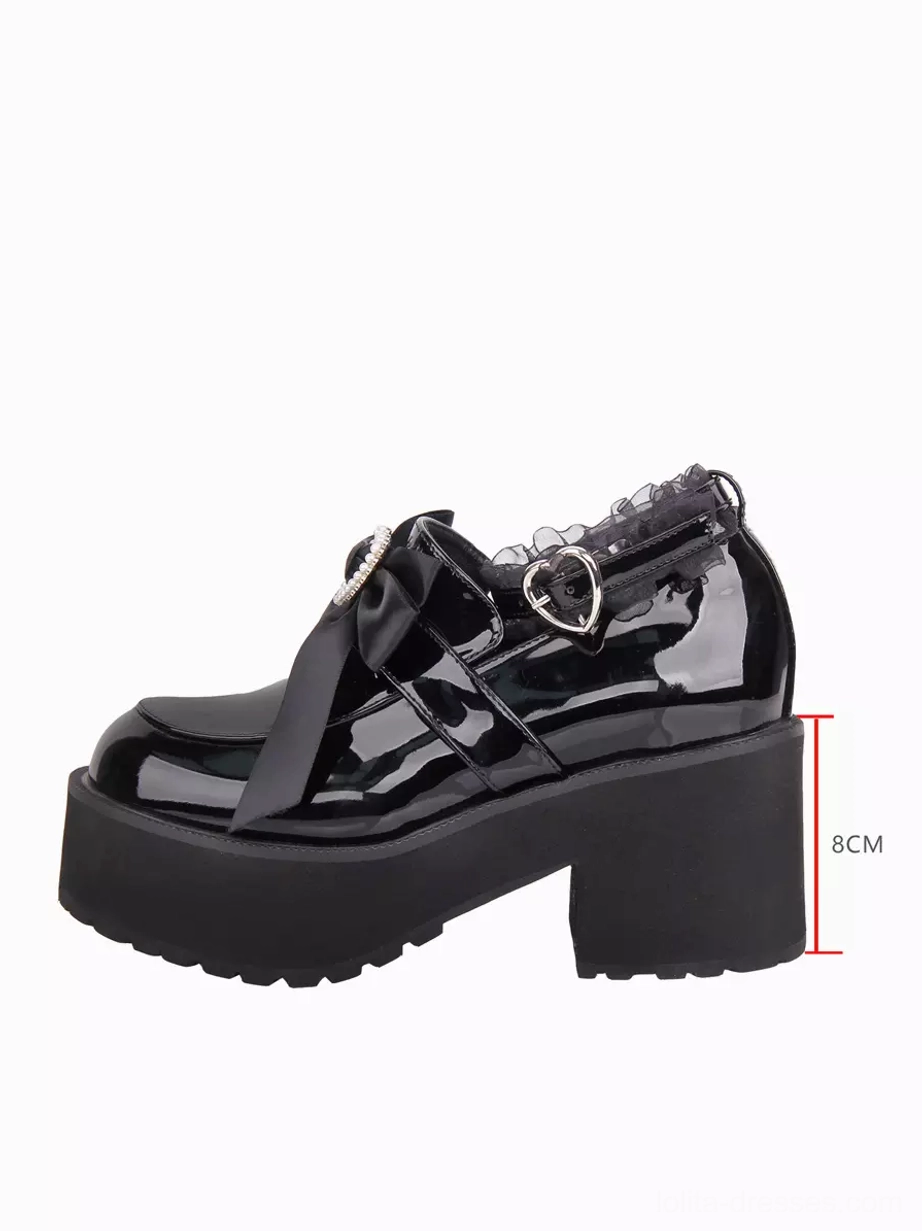 Side profile view of black gothic lolita platform heel shoe displaying 8cm marked heel height, glossy polyurethane leather upper, and chunky block heel construction