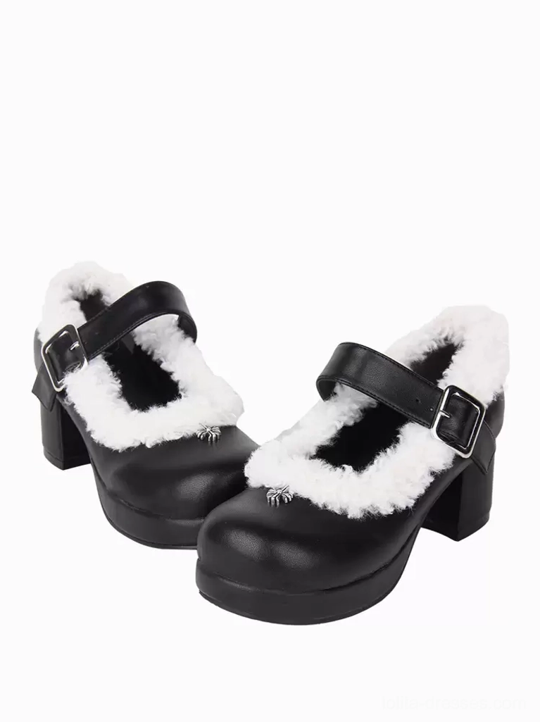 Pair of Black Lolita pumps mixed perspective showing adjustable silver buckle Mary Jane strap, black leather upper, spider toe ornament, and chunky heel construction