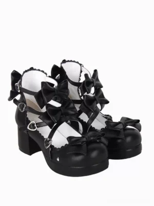 Black Lolita summer sandals crisscross ankle straps thick wedge heel bow accents alternative front angle
