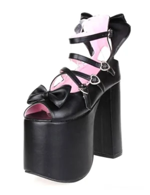 Side view of black lolita platform heel sandals featuring peep toe design, multi-strap ankle closure, thick block platform sole, and rear bow decoration
