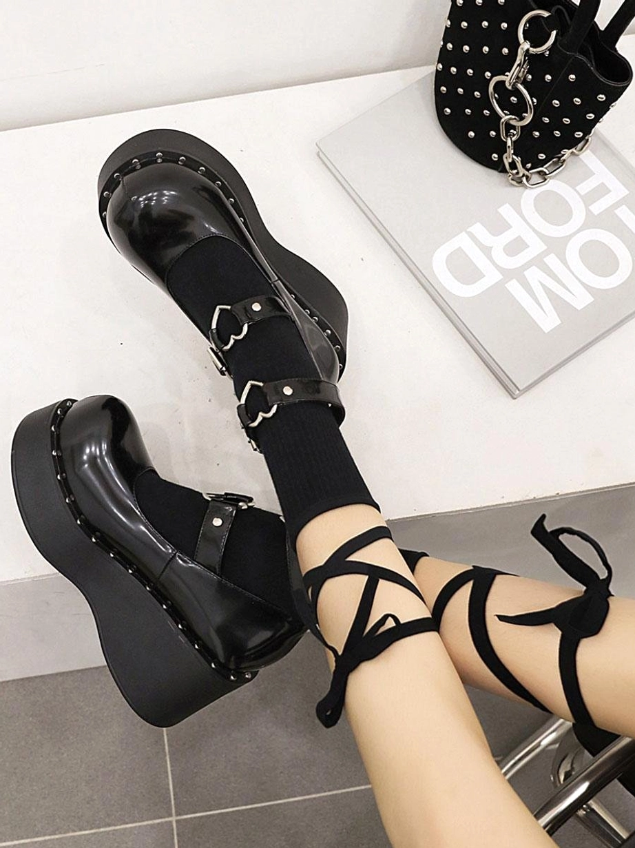 Black wedge heel academic lolita shoes low side wearing view with black ribbon ankle socks styled coordination