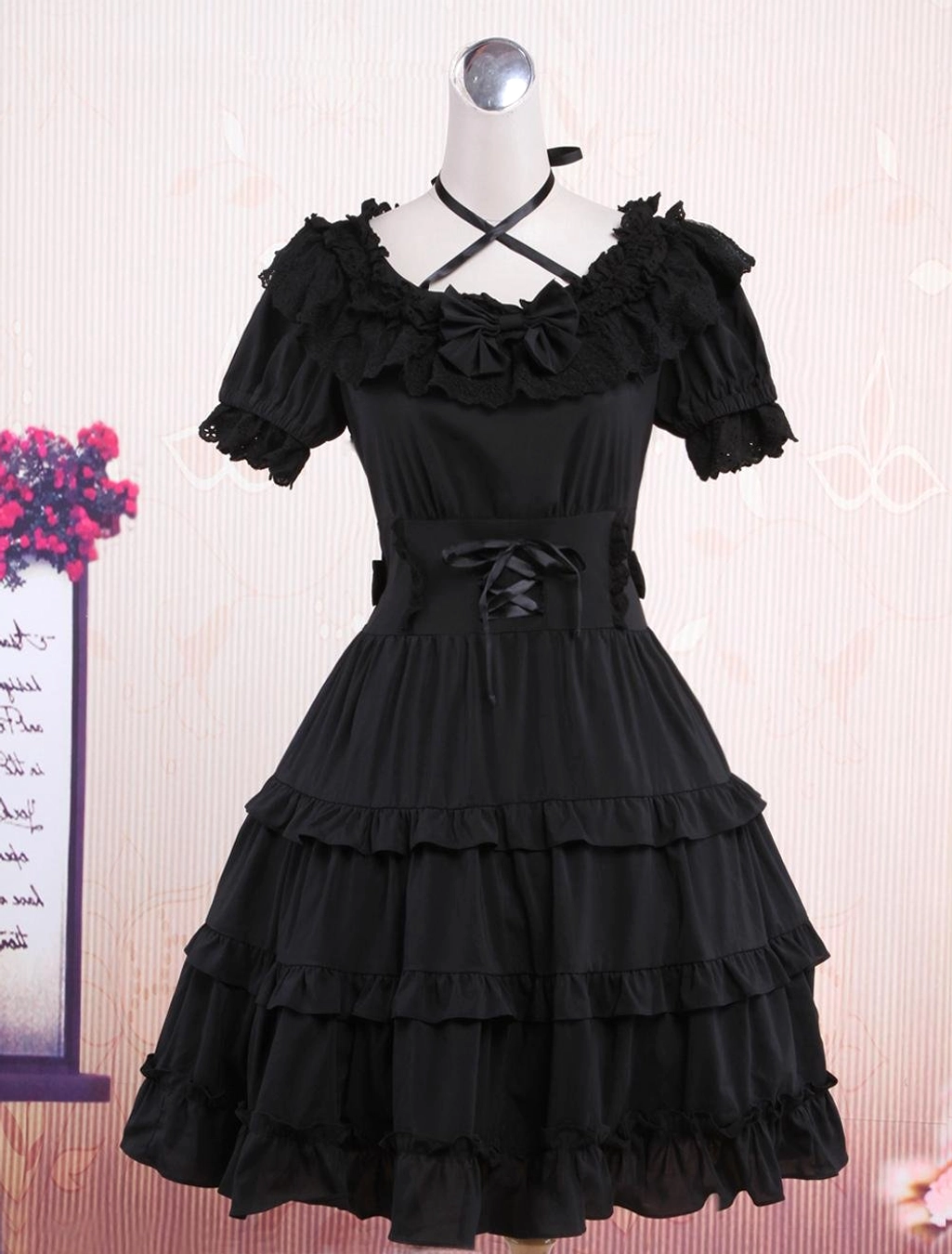 Black classic lolita short sleeve dress full front display showing complete silhouette with square neckline and ruffle collar details