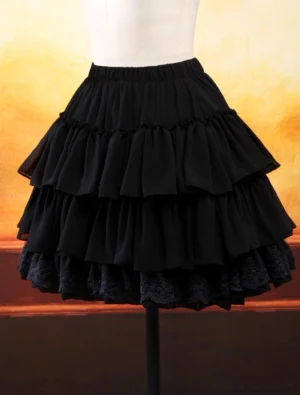 Black chiffon lolita skirt featuring layered ruffles and dark lace hem detail shown in three-quarter front angle on dress form highlighting ruffle construction