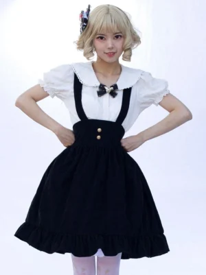 Black ruffled lolita skirt high-waisted silhouette hands on hips pose white collar blouse suspender system
