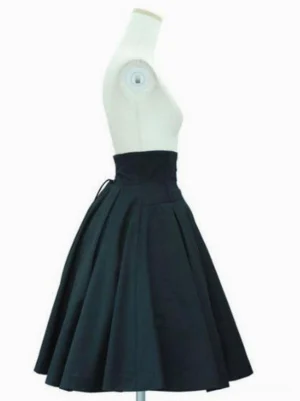 Black Lolita skirt side profile view showing high waist cut, side tie strap detail, and full pleated flared silhouette for authentic Lolita fashion