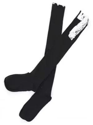 Black knee-high lolita socks with delicate white lace cuff trim and decorative bow flat lay top view white background