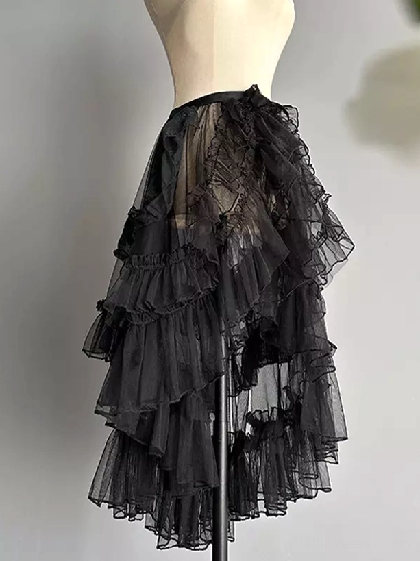 Black sweet lolita sweep train skirt with sheer layered ruffled tulle and asymmetrical hemline from rear side angle