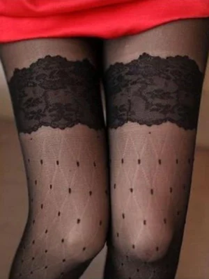 Black lolita thigh-high stockings close-up front view featuring ornate floral lace top band and diamond-dot jacquard texture detail