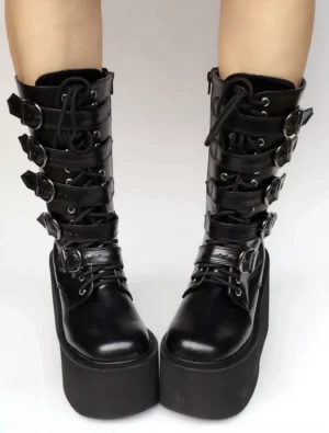 Black lolita platform wedge boots front view with adjustable buckle straps and lace-up closure