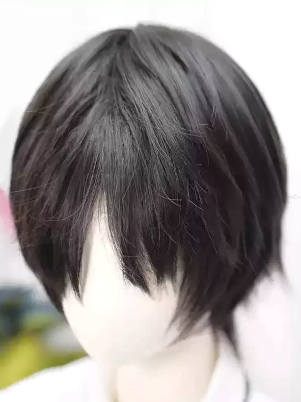 Black short layered men-style lolita wig with natural hair parting and fluffy tousled strands, front partial view on mannequin in white shirt, contemporary styling detail