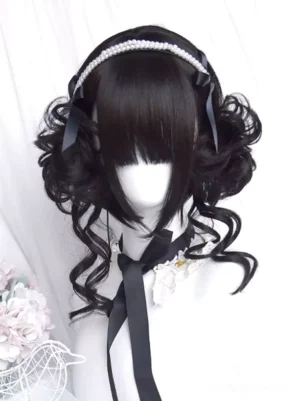 Black Lolita twin buns wig styled with pearl hairband and black ribbon accents front mannequin view