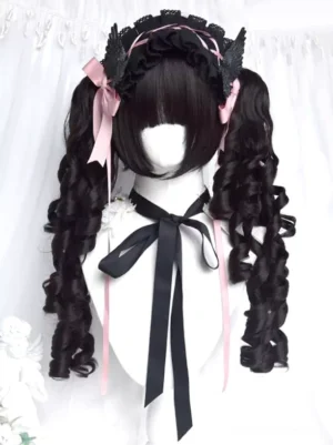 Black blunt bang twin-tail lolita wig with tight spiral curls displayed with pink and black bow hairband, black ribbon, and lace choker for romantic lolita styling inspiration