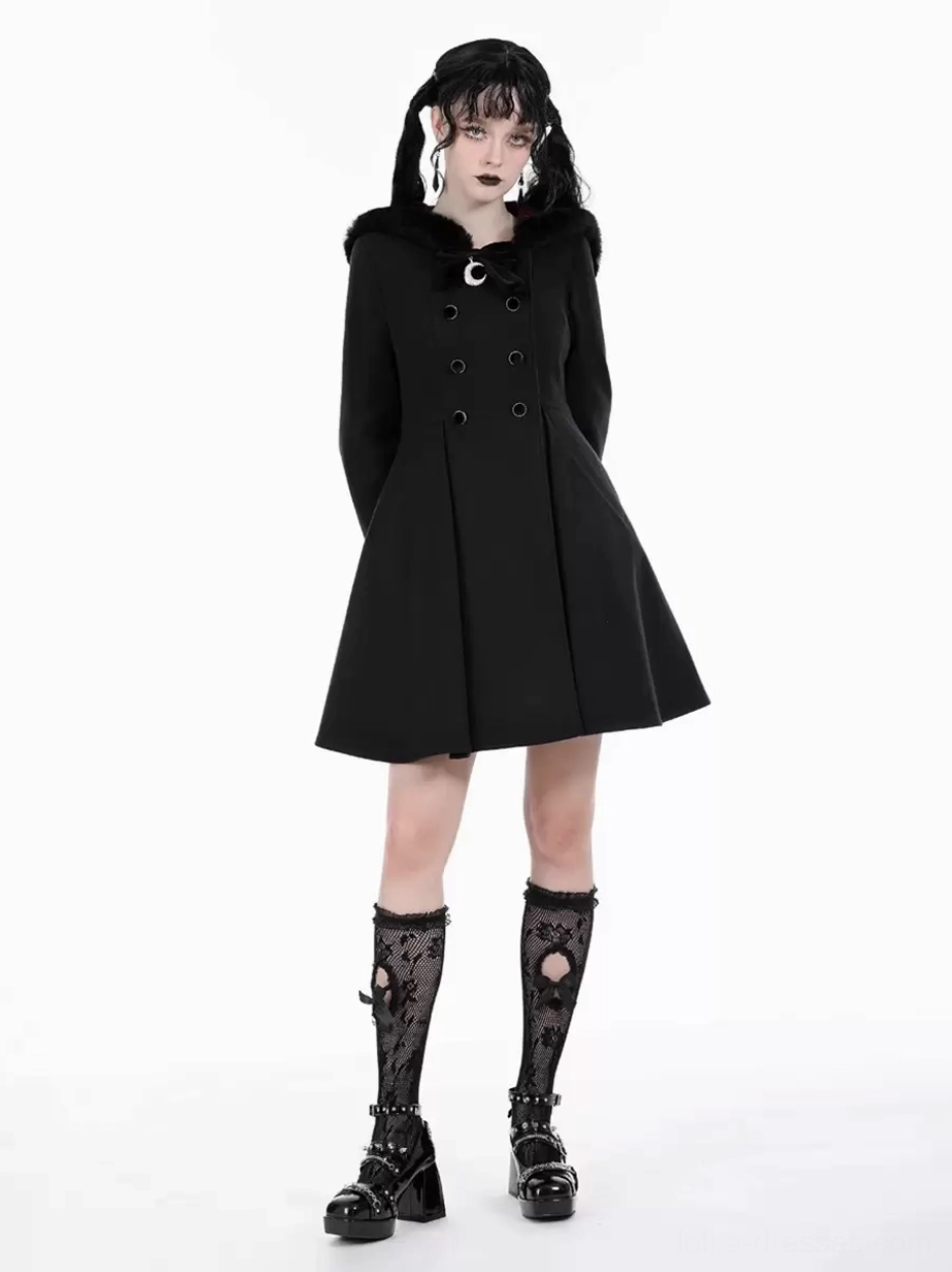 Black Lolita winter coat front full-body shot in natural standing pose showing fur collar, double-breasted front and A-line skirt silhouette