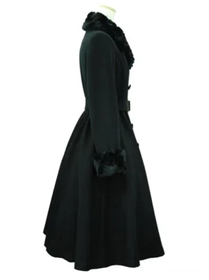 Black lolita overcoat left side view showing fitted waist belt faux fur trim on collar and cuff long sleeves tailored silhouette A-line flared bottom