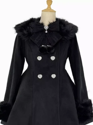 Black Gothic Sweet Lolita wool coat front view showing large faux fur lapel, heart silver buttons, decorative pom-pom bow neck ornament, mannequin display