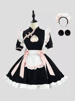 Black maid lolita qi-style cheongsam dress with sweetheart heart cutout chest and pink ruffled trims on dress form mannequin front view