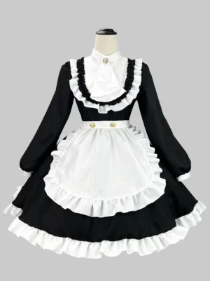 Black maid lolita dress with ruffled long sleeves and double gold buckles front view on plain grey background showcasing white ruffled trims attached apron