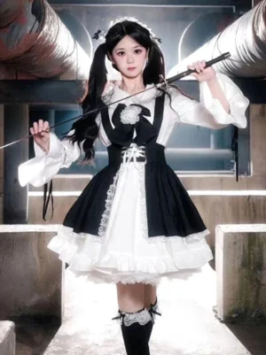 Gothic maid lolita dress front medium shot featuring chest flower bow, flared lace bell cuffs, and twin-tailed styling with sword prop