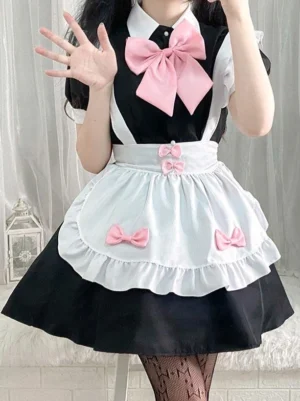 Black maid lolita dress with pink bow collar front half-body view sweet style short puff sleeves