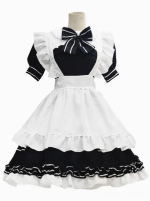 Black maid lolita dress with white ruffled apron and prominent chest bow front view on mannequin