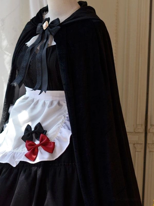 Black maid lolita poncho outerwear floor-length cape with red and black bow apron decorations, right front angle mannequin display