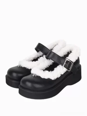 Black Mary Jane Lolita platform pumps pair front three-quarter view showing white fuzzy collar and silver square buckle strap detail