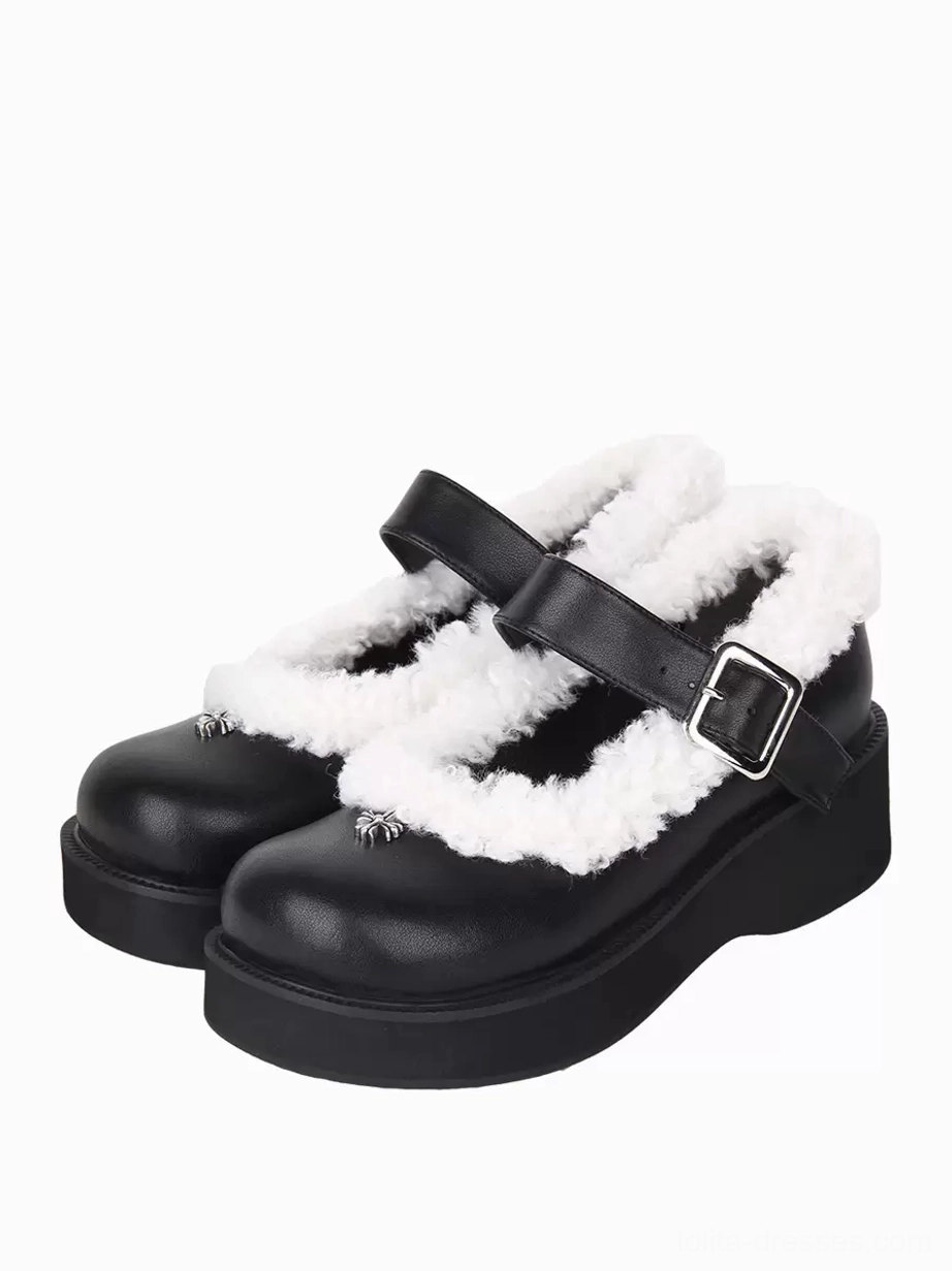 Black Mary Jane Lolita platform pumps pair front three-quarter view showing white fuzzy collar and silver square buckle strap detail