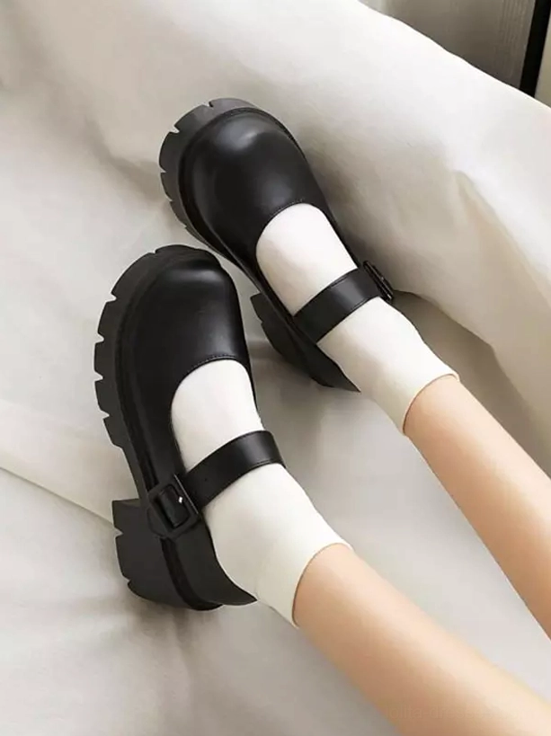 Black Mary Jane Lolita pumps overhead view buckle ankle strap round toe white socks styling