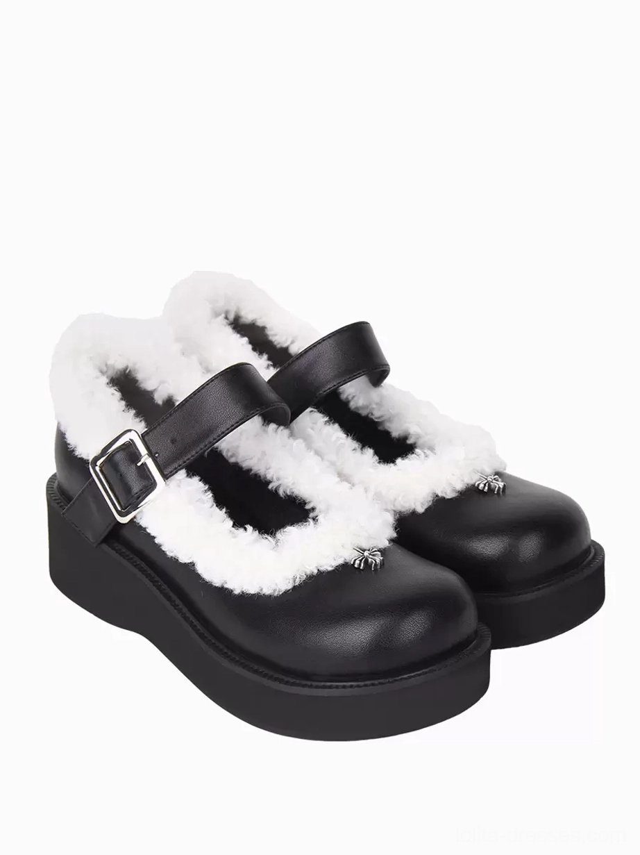 Black Mary Jane Lolita pumps pair back three-quarter view revealing silver metal buckles and white fuzzy collar lining detail