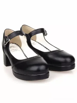 Black Mary Jane square block heel lolita shoes three-quarter front view displaying platform sole, round toe shape, and branded insole with matte finish