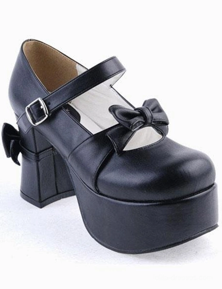 Side-front single shoe view of black lolita Mary Jane platform heels showing rear bow detail block chunky heel and platform sole