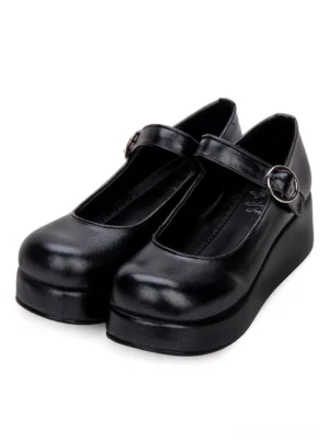 Black Mary Jane platform Lolita pumps with round toe and adjustable ankle strap featuring silver buckle hardware and thick wedge sole front three-quarter pair view