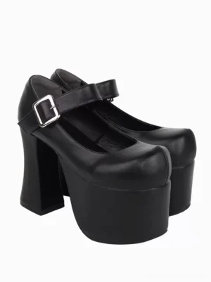 Black Mary Jane lolita shoes side three-quarter view showing tall chunky block heel and thick platform sole construction